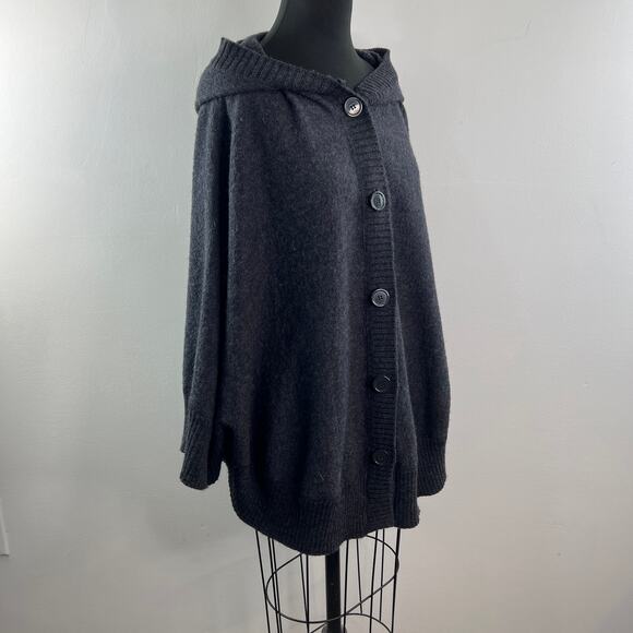 Marina Luna Gray Poncho Sweater Wool Ribbed Hooded Button Front Size Medium M - Picture 5 of 7